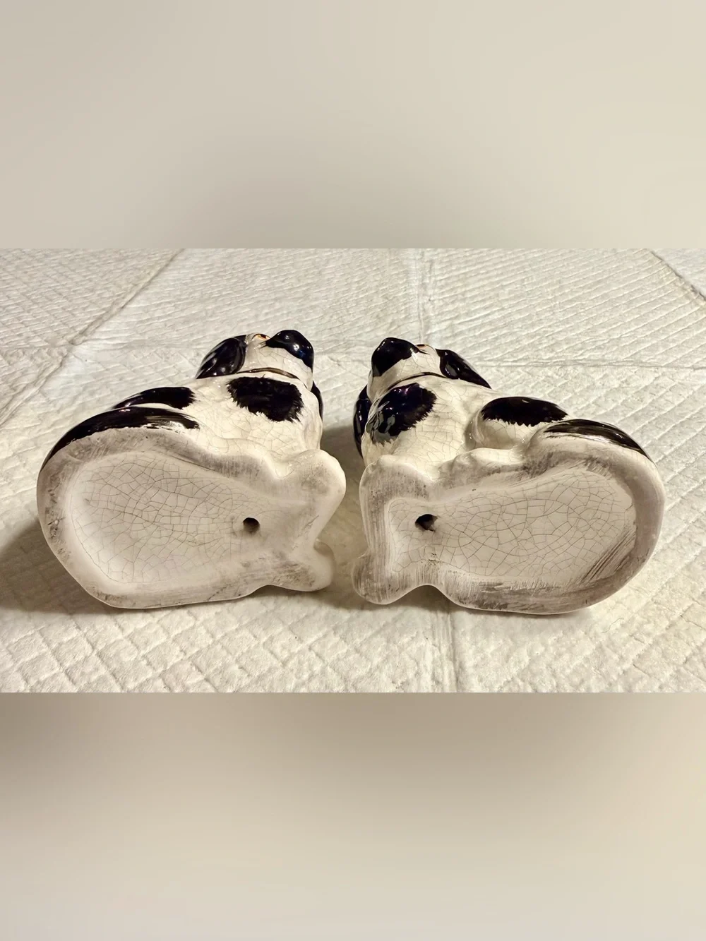 Antique miniature white and black Staffordshire spaniels
